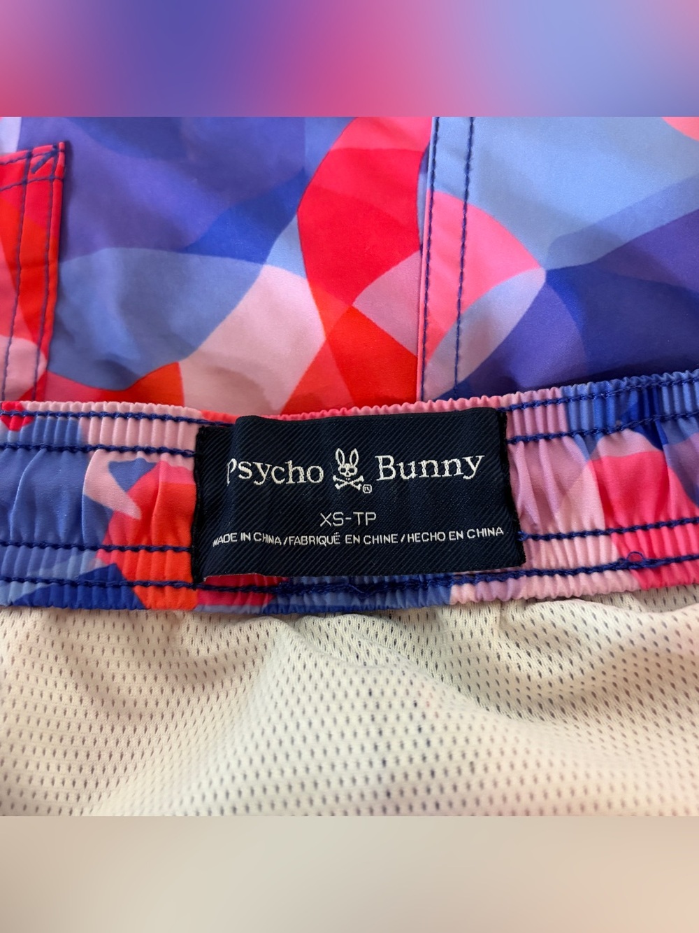 Psycho Bunny XS Men's Geometric Swim Shorts Pink Blue Red Drawstring Back Pocket - Picture 6 of 8